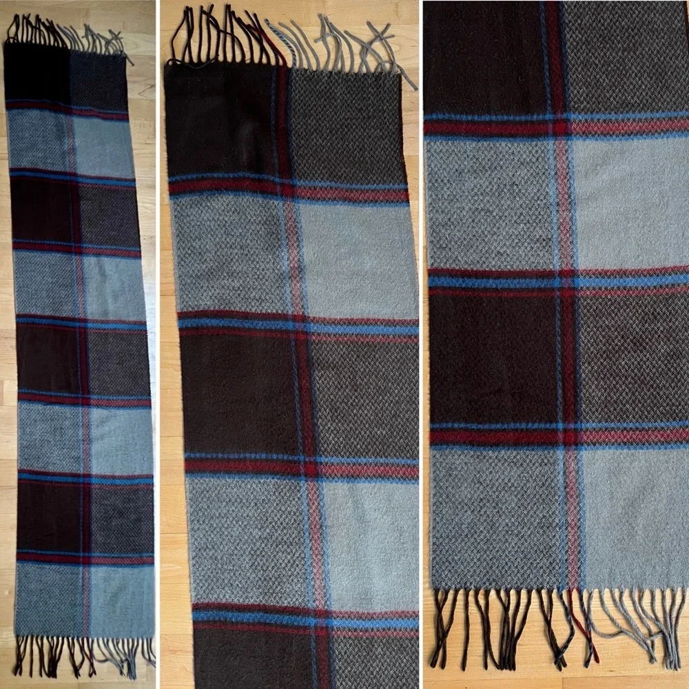 🐑Woodward Plaid Cashmere Wool Fringed Scarf | Taupe Brown Blue + Red